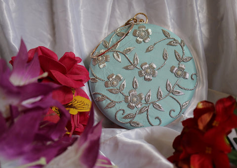Hand Embroidery Silver Work Round Clutch Purses