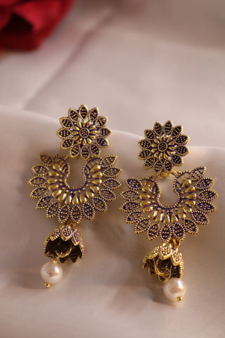 Flower Design Chandbali Studded Dangle Earrings – Elegant Traditional Jewelry for Women