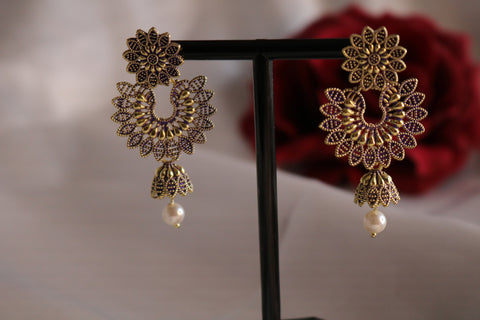 Flower Design Chandbali Studded Dangle Earrings – Elegant Traditional Jewelry for Women