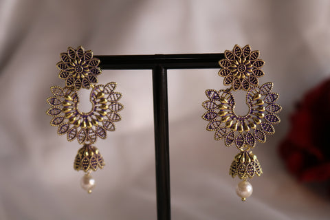 Flower Design Chandbali Studded Dangle Earrings – Elegant Traditional Jewelry for Women
