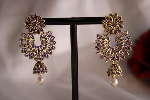 Flower Design Chandbali Studded Dangle Earrings – Elegant Traditional Jewelry for Women