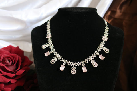 Pink Stone Statement Necklace | Silver Plated AD Necklace Set | CZ Jewelry Set