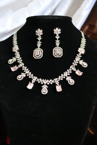 Pink Stone Statement Necklace | Silver Plated AD Necklace Set | CZ Jewelry Set