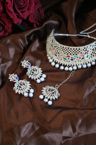 Silver-toned Statement Choker Necklace Set