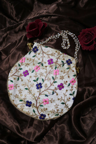 Handmade Flower Embroidered Potli Bag - Set of 2