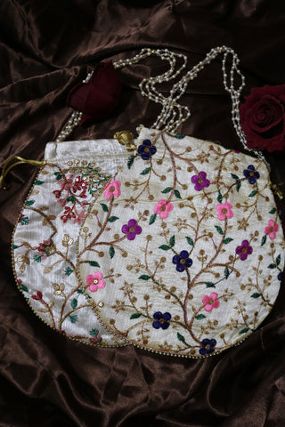 Handmade Flower Embroidered Potli Bag - Set of 2
