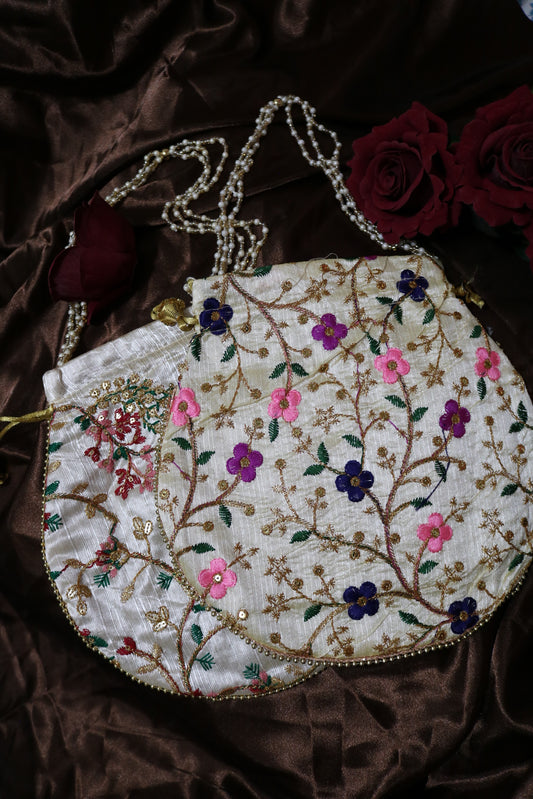 Handmade Flower Embroidered Potli Bag
