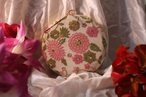 Elegant Hand Embroidery Flower White Round Clutch Purse