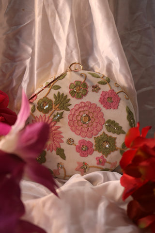 Elegant Hand Embroidery Flower White Round Clutch Purse