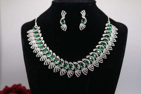 Green Designer Silver CZ Necklace | American Diamond Necklace Set