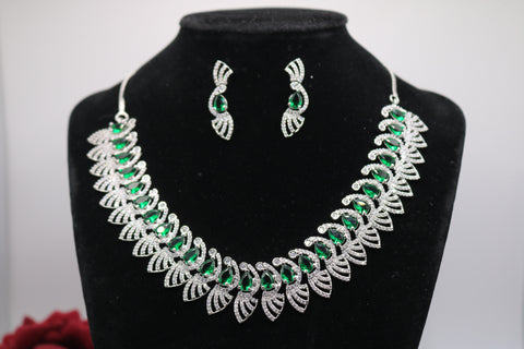 Green Designer Silver CZ Necklace | American Diamond Necklace Set
