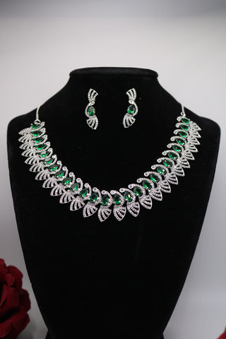 Green Designer Silver CZ Necklace | American Diamond Necklace Set