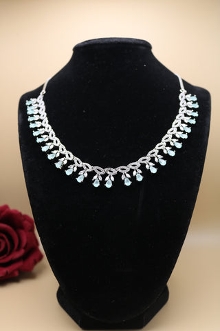 Light Mint Green Designer Silver CZ Necklace | American Diamond Necklace Set