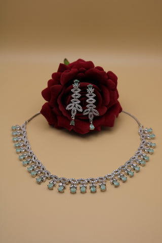 Light Mint Green Designer Silver CZ Necklace | American Diamond Necklace Set