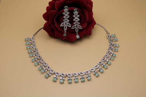 Light Mint Green Designer Silver CZ Necklace | American Diamond Necklace Set