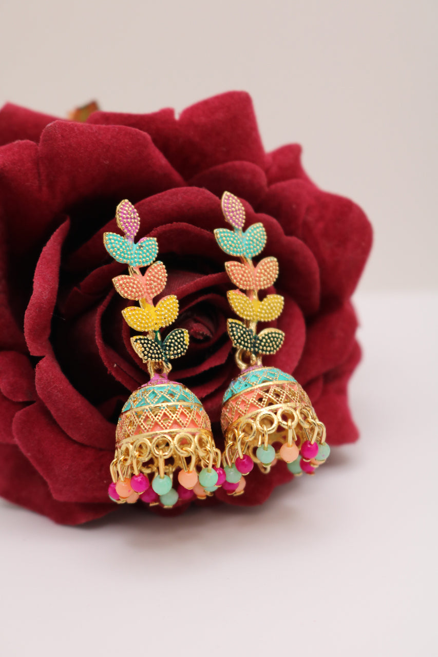 Multi-colored Leaf Design Jhumka Earrings – Vibrant Ethnic Statement
