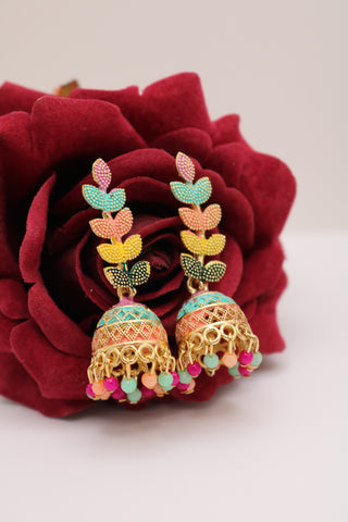 Multi-colored Leaf Design Jhumka Earrings – Vibrant Ethnic Statement