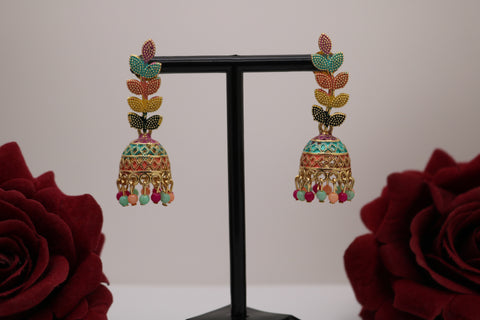 Multi-colored Leaf Design Jhumka Earrings – Vibrant Ethnic Statement