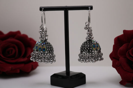 German Silver Hoop Jhumka Earring with Peacock Feather