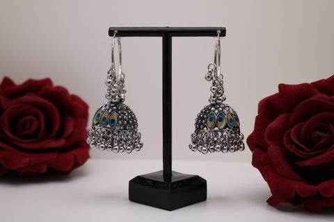 German Silver Hoop Jhumka Earring with Peacock Feather