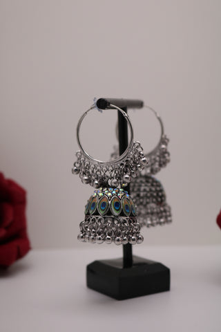 German Silver Hoop Jhumka Earring with Peacock Feather