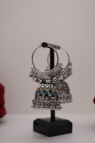 German Silver Hoop Jhumka Earring with Peacock Feather