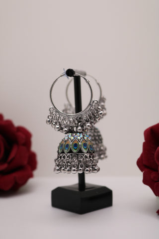 German Silver Hoop Jhumka Earring with Peacock Feather