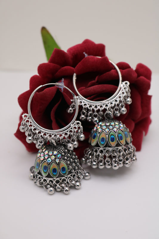 German Silver Hoop Jhumka Earring with Peacock Feather