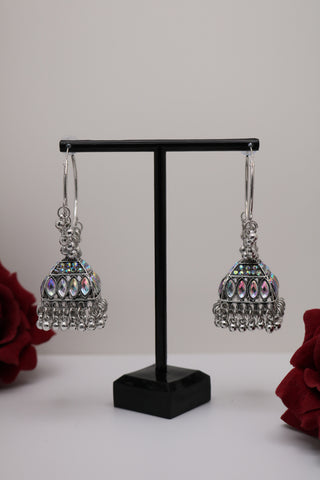 Ethnic Hoop Jhumka Earrings – Oxidized Silver Fusion Style
