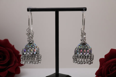 Ethnic Hoop Jhumka Earrings – Oxidized Silver Fusion Style