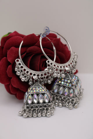 Ethnic Hoop Jhumka Earrings – Oxidized Silver Fusion Style