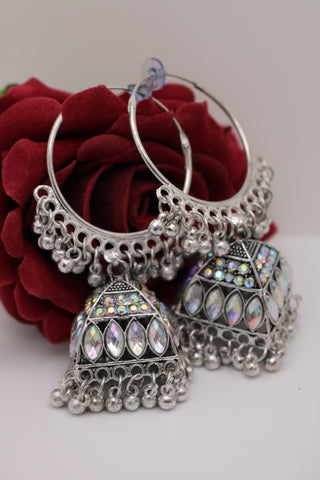 Ethnic Hoop Jhumka Earrings – Oxidized Silver Fusion Style