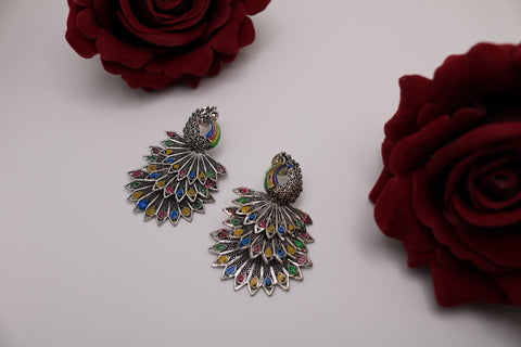 Peacock 3 Layer Multi-color Oxidized Earring