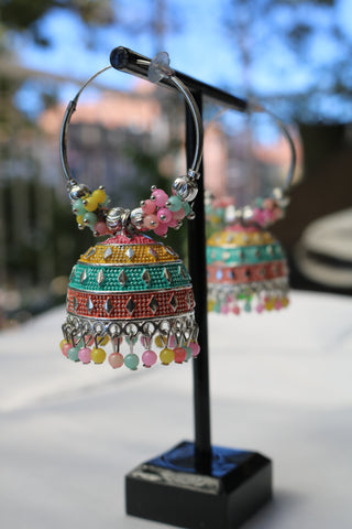 Pearl Bead Dangle Silver-Plated Hoop Drop Jhumka Earrings – Elegant Ethnic Jewelry