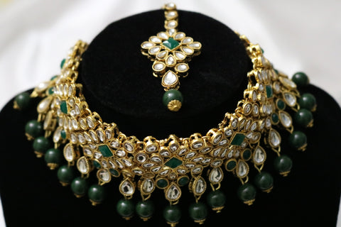 Kundan Necklace Earrings Maang Tikka Set – Indian Wedding Jewelry Set