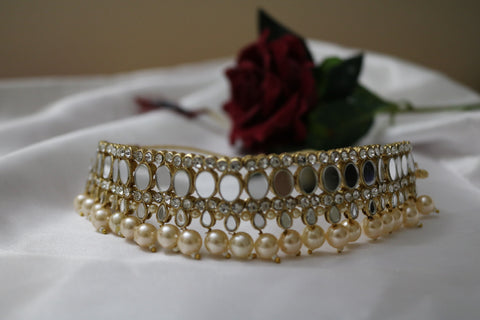 Mirror Necklace Earrings Maang Tikka Set – Indian Wedding Jewelry for Women