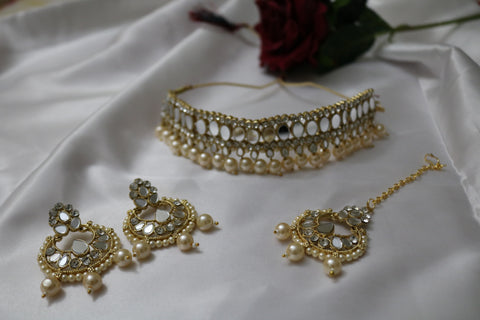Mirror Necklace Earrings Maang Tikka Set – Indian Wedding Jewelry for Women