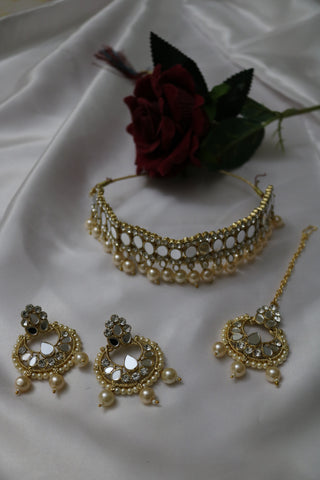 Mirror Necklace Earrings Maang Tikka Set – Indian Wedding Jewelry for Women