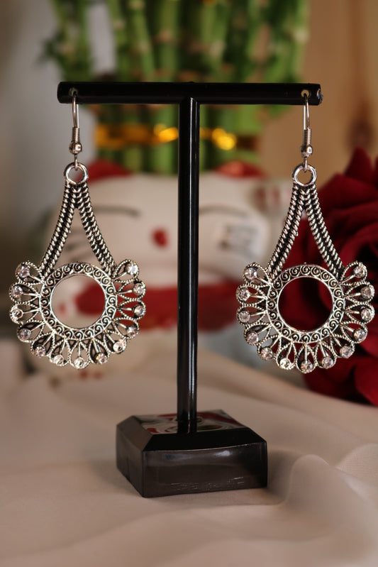 Oxidized Silver Plated Designer with Rhinestone Earring
