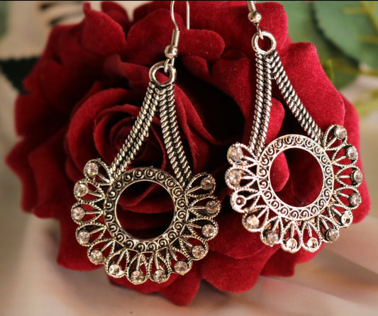 Oxidized Silver Plated Designer with Rhinestone Earring