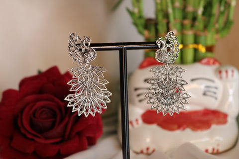 Oxidized Silver Plated Designer Peacock Jhumka Earrings with for Women & Girls
