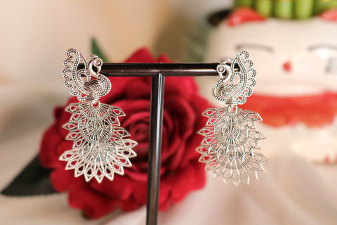 Oxidized Silver Plated Designer Peacock Jhumka Earrings with for Women & Girls