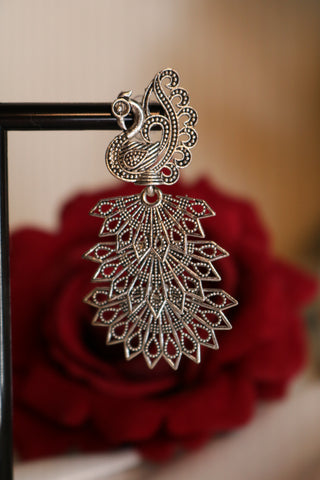 Oxidized Silver Plated Designer Peacock Jhumka Earrings with for Women & Girls