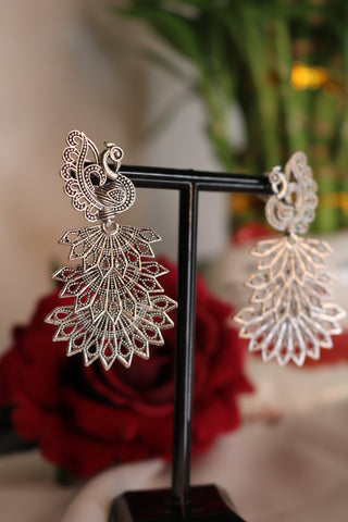 Oxidized Silver Plated Designer Peacock Jhumka Earrings with for Women & Girls