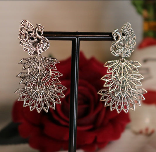 Oxidized Silver Plated Designer Peacock Jhumka Earrings with for Women & Girls