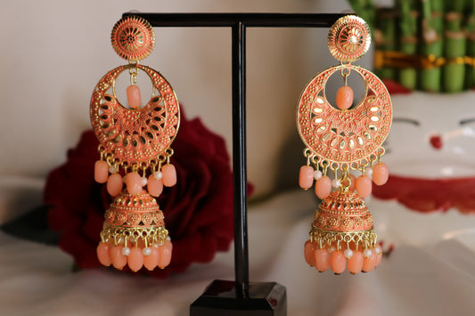 Pahal Jadau Peach Pearl Earring/ Jhumka /Jhumki with Beaded Tassel Ethnic