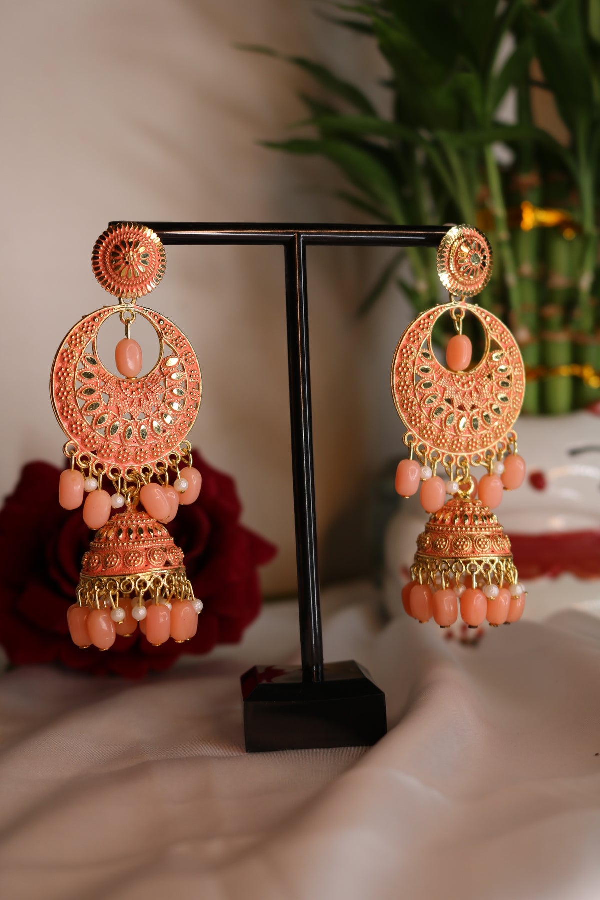 Pahal Jadau Peach Pearl Jhumka Earrings with Beaded Tassel – Ethnic Statement Jewelry