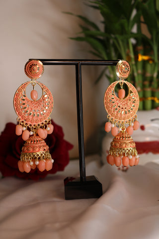 Pahal Jadau Peach Pearl Jhumka Earrings with Beaded Tassel – Ethnic Statement Jewelry