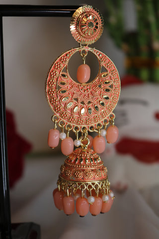 Pahal Jadau Peach Pearl Jhumka Earrings with Beaded Tassel – Ethnic Statement Jewelry