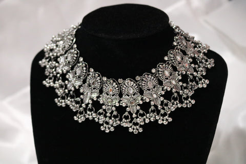 Oxidised Silver-toned Afghani Turkish Choker Necklace & Earring Set